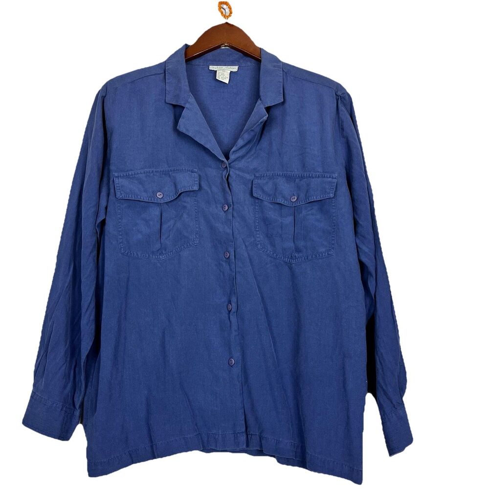 100% Silk Crepe Blouse Blue Button Front Women Size L Matte Lightweight - Picture 2 of 12